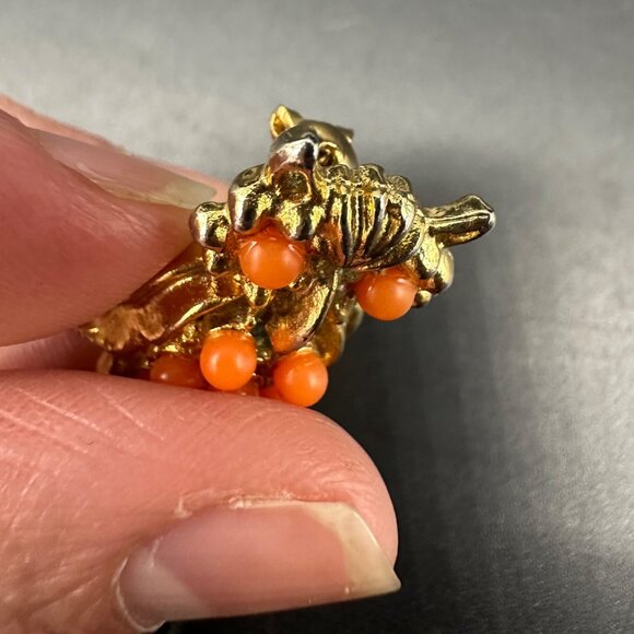 Vintage Owl Brooch Pin Orange Beads Gold Tone Whimsical Retro Jewelry Kitschy - Picture 5 of 7